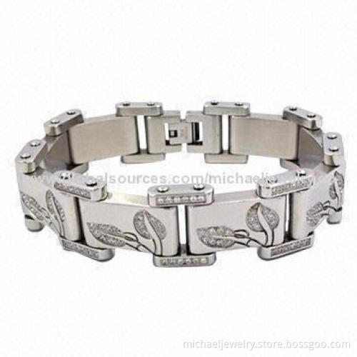 Stainless Steel Bracelets with 220pcs of White CZ Stones and Lovely Leaf Shape